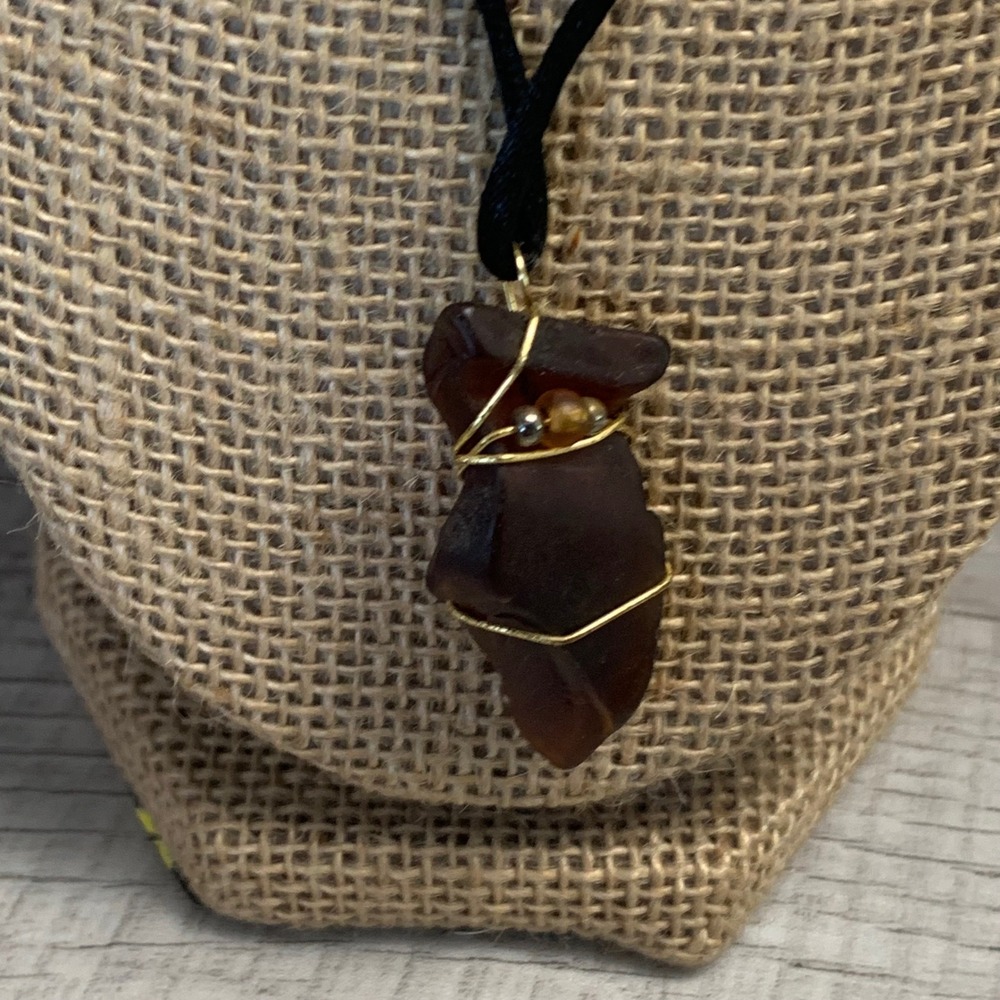 Handmade Wire Wrapped Brown Sea Glass Pendant Necklace Black Cord 18 Inch